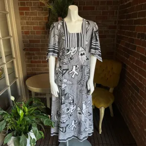 1970s Rare Abstract Graphic Black Kaftan