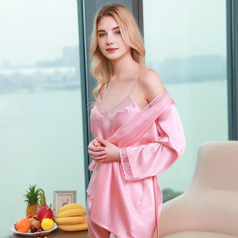 3pcs Women's Satin Top & Pants & Robes