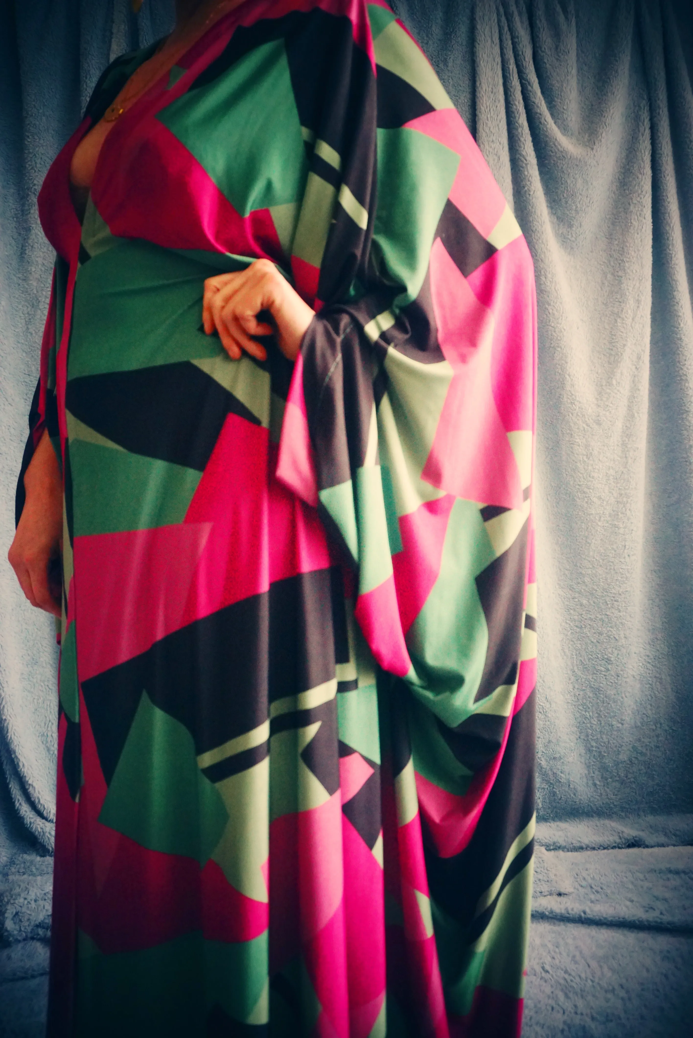 80s retro shapes print hot pink & green Slinky Kaftan Gown