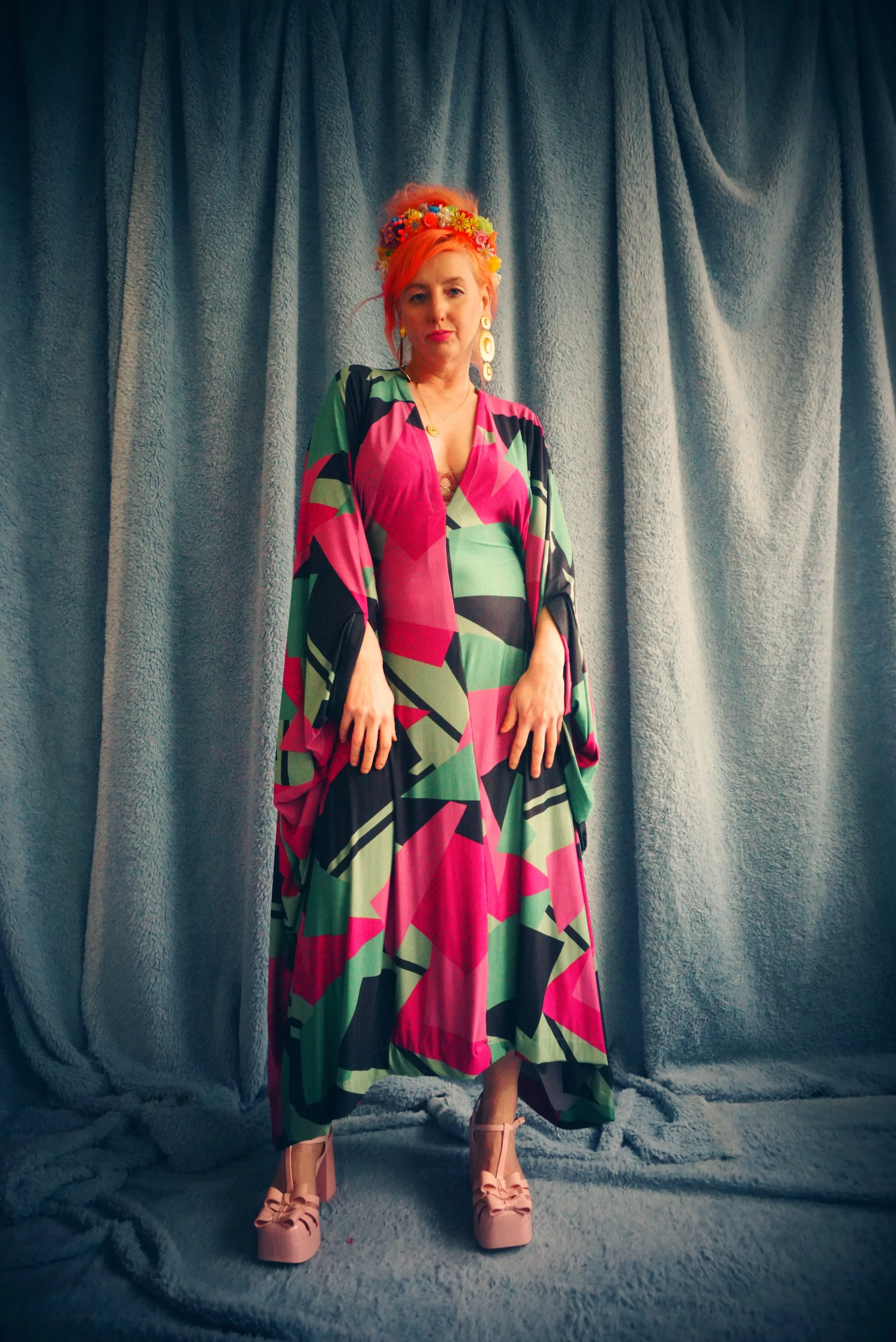 80s retro shapes print hot pink & green Slinky Kaftan Gown