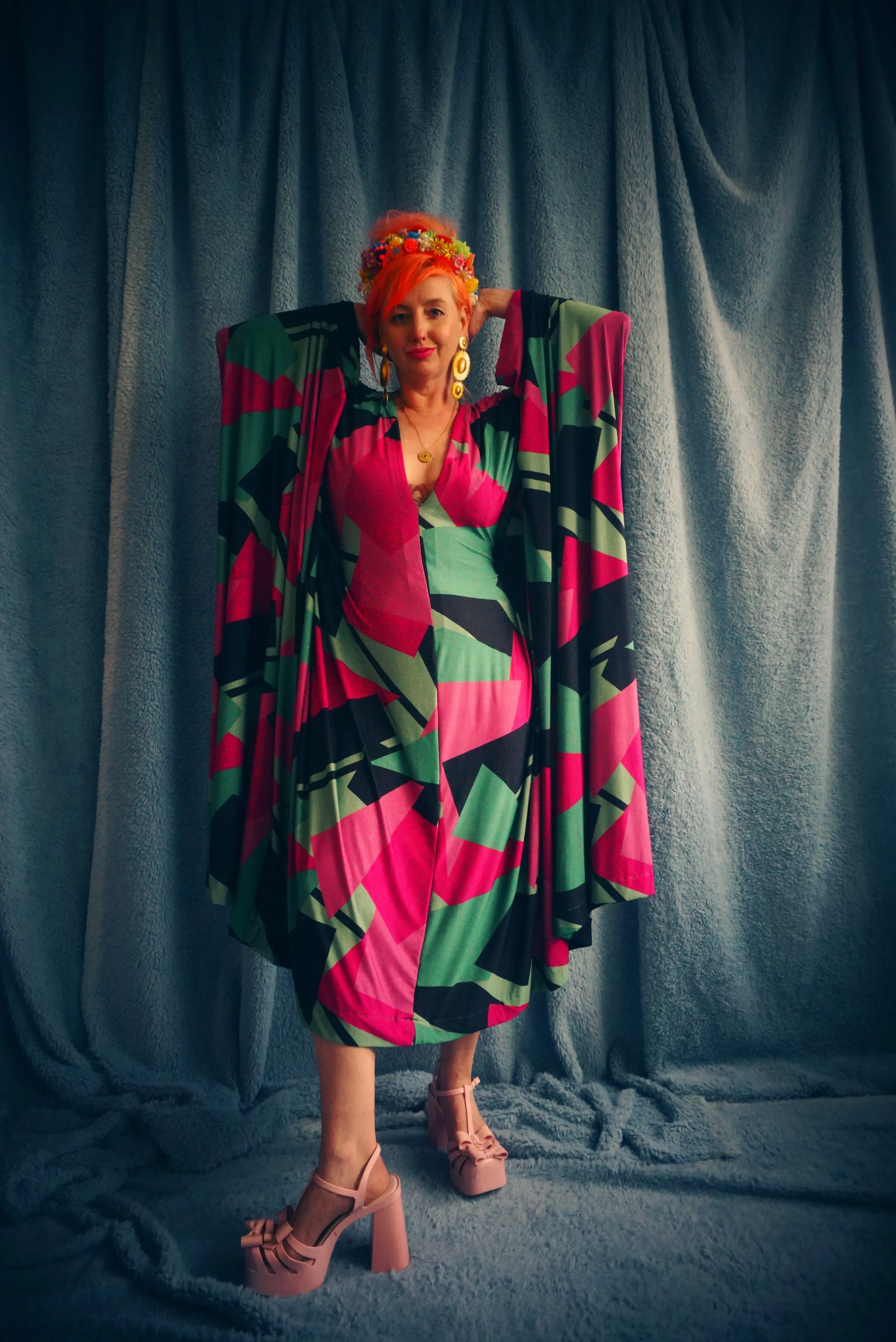 80s retro shapes print hot pink & green Slinky Kaftan Gown