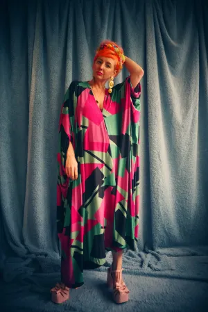 80s retro shapes print hot pink & green Slinky Kaftan Gown