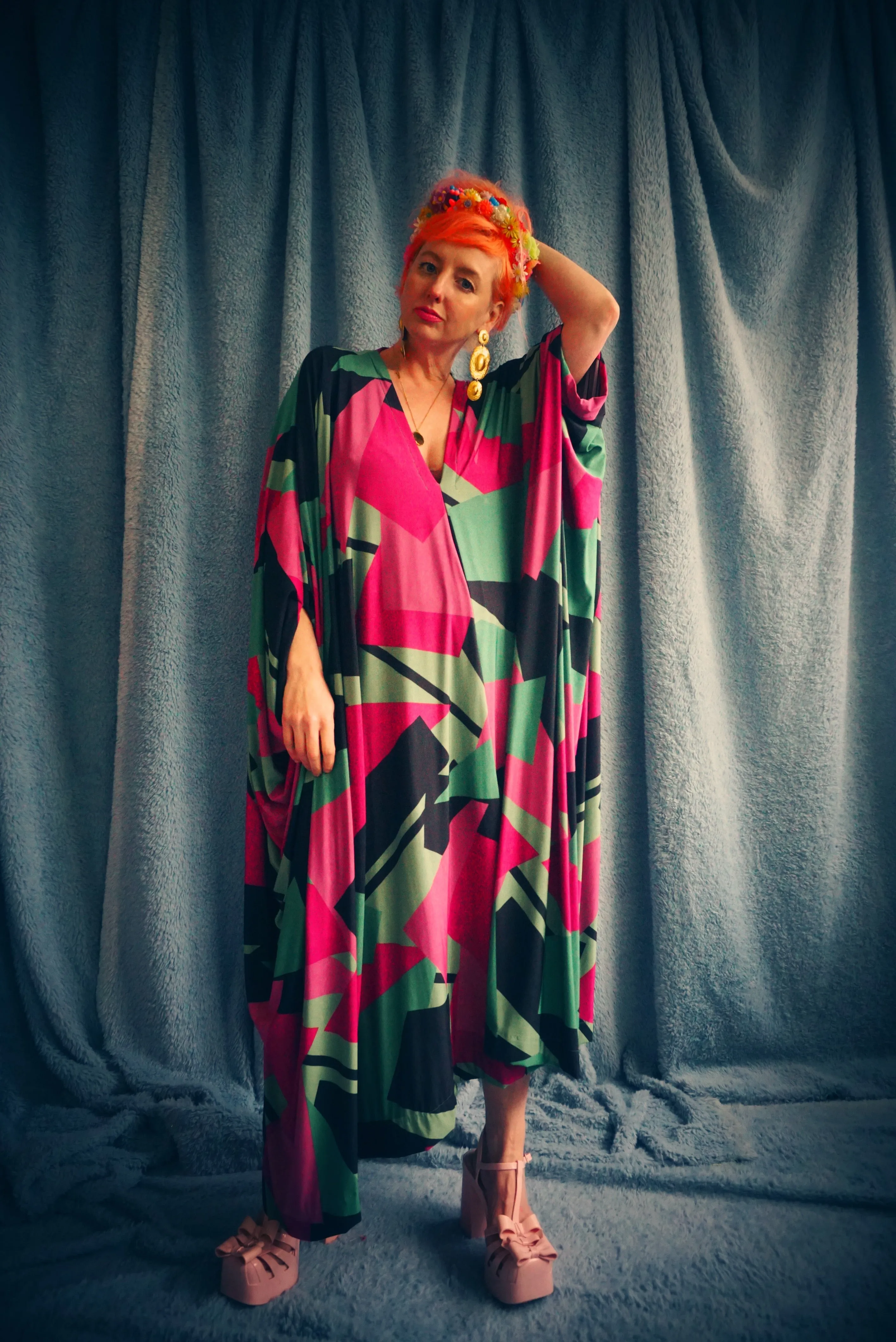 80s retro shapes print hot pink & green Slinky Kaftan Gown