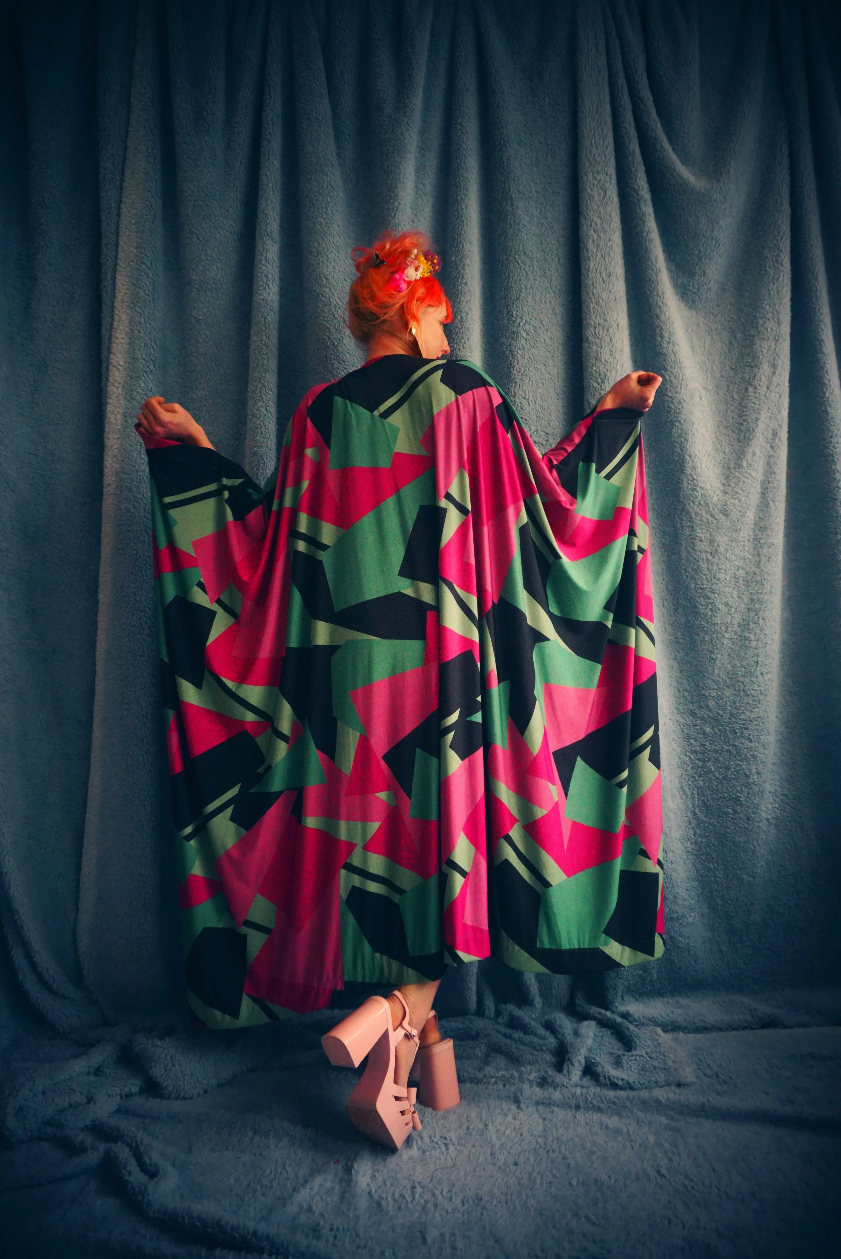 80s retro shapes print hot pink & green Slinky Kaftan Gown