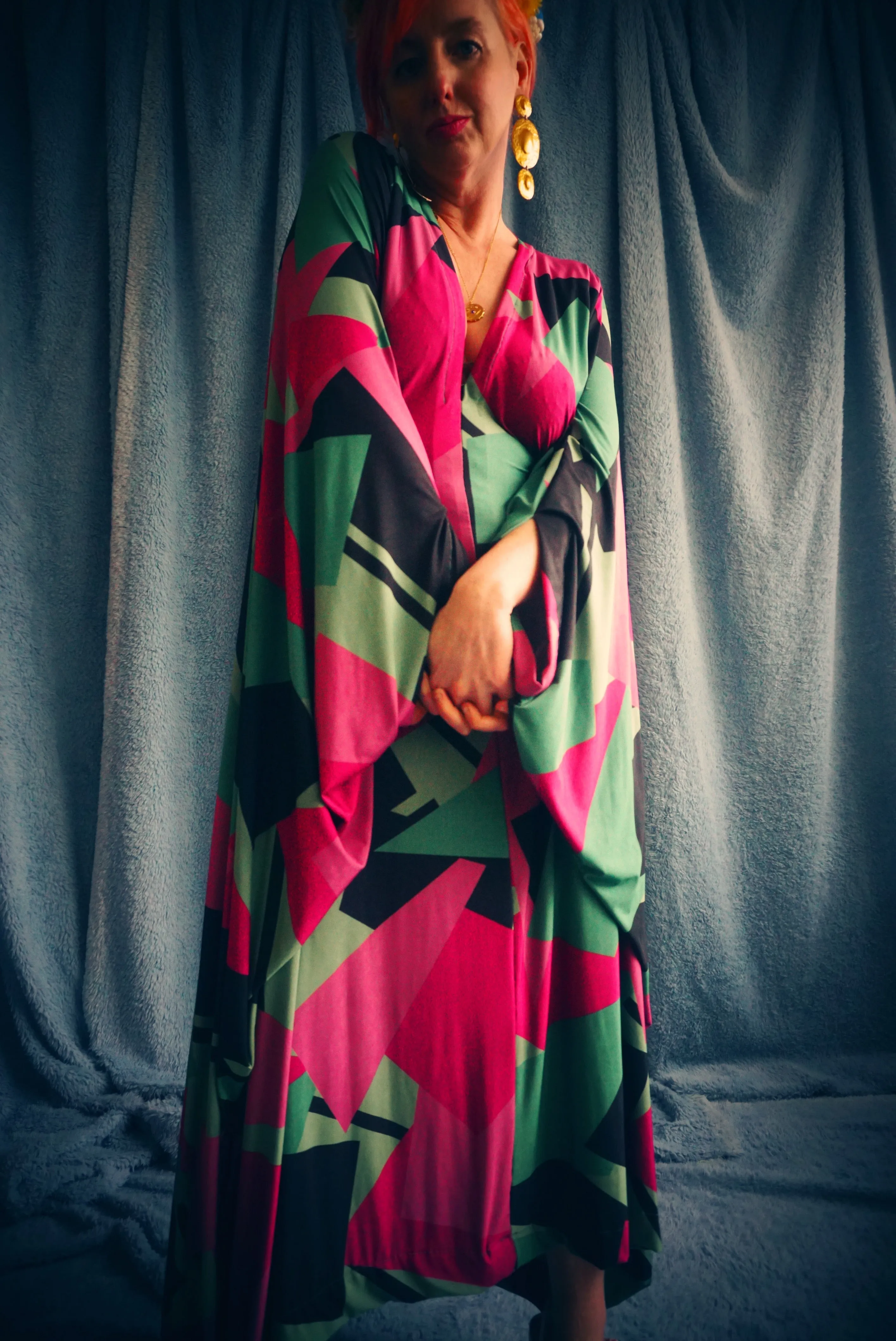 80s retro shapes print hot pink & green Slinky Kaftan Gown