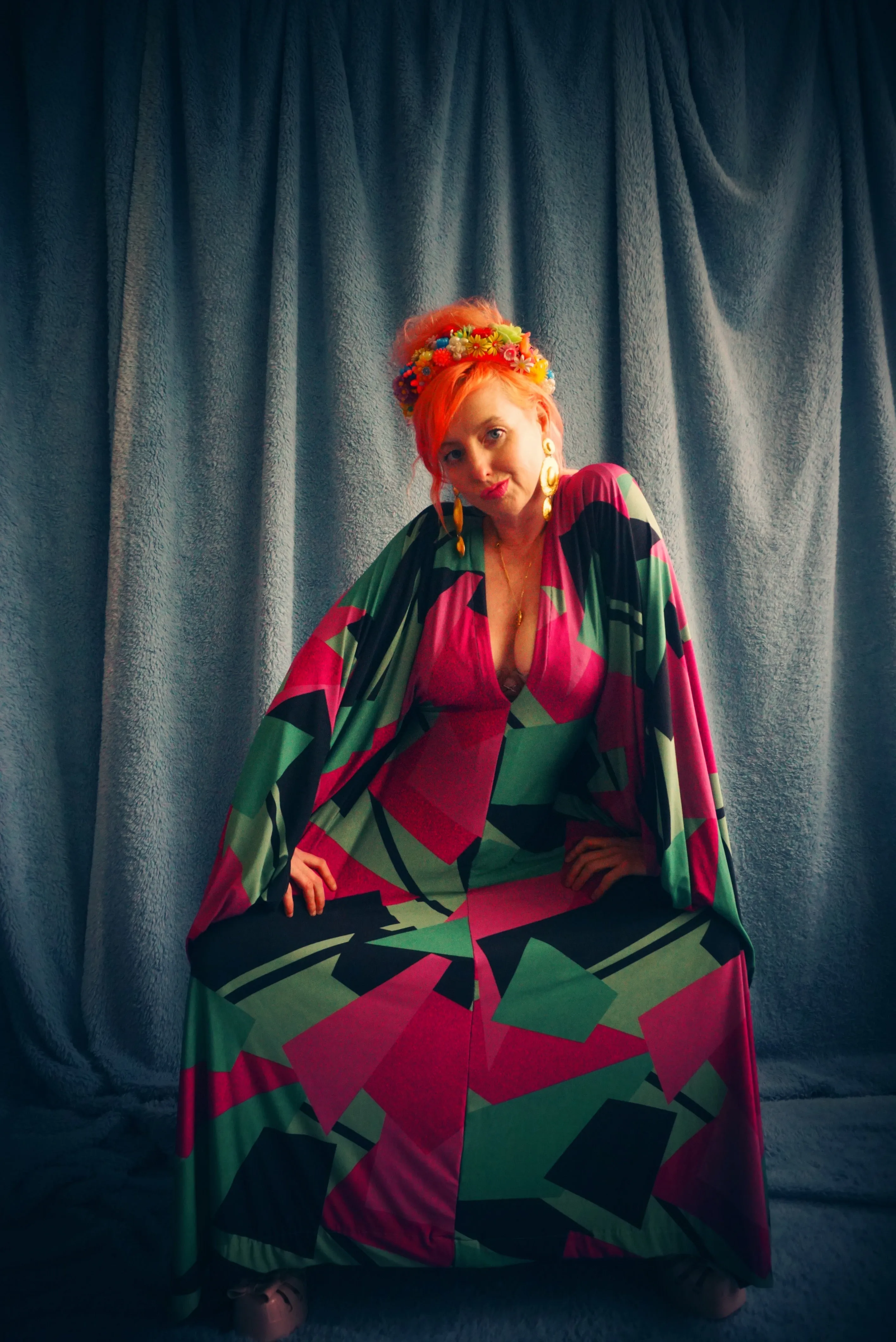 80s retro shapes print hot pink & green Slinky Kaftan Gown