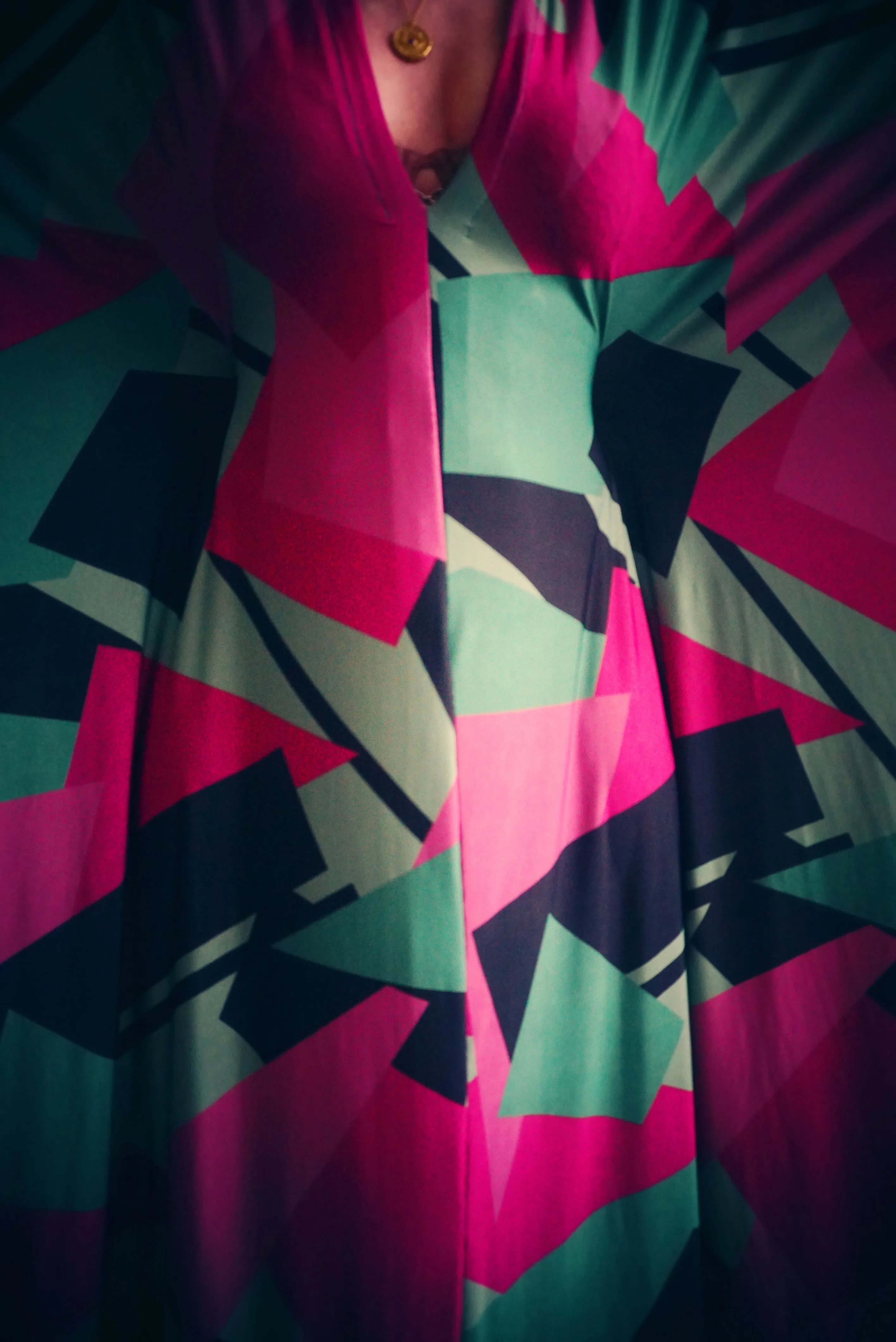 80s retro shapes print hot pink & green Slinky Kaftan Gown