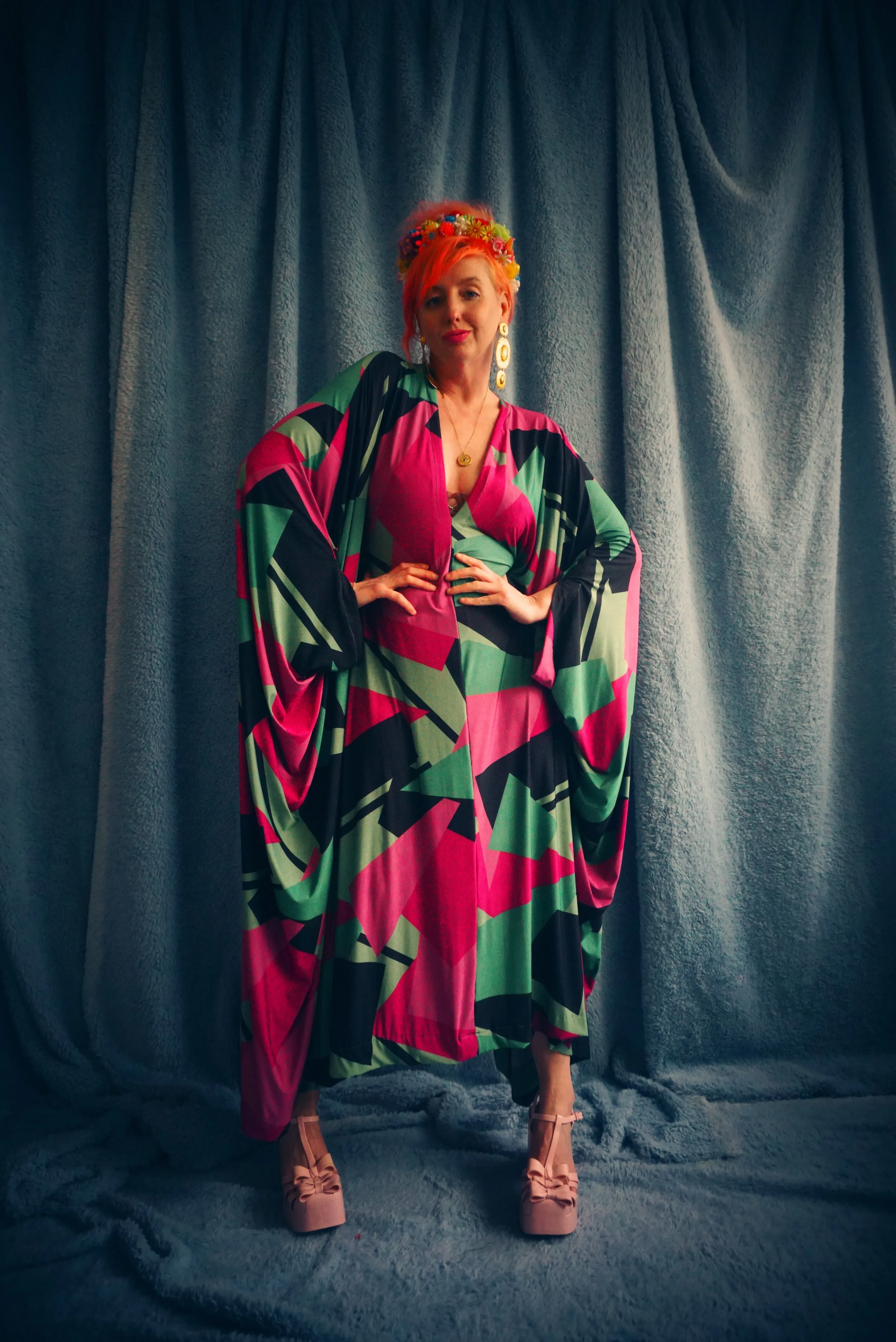 80s retro shapes print hot pink & green Slinky Kaftan Gown