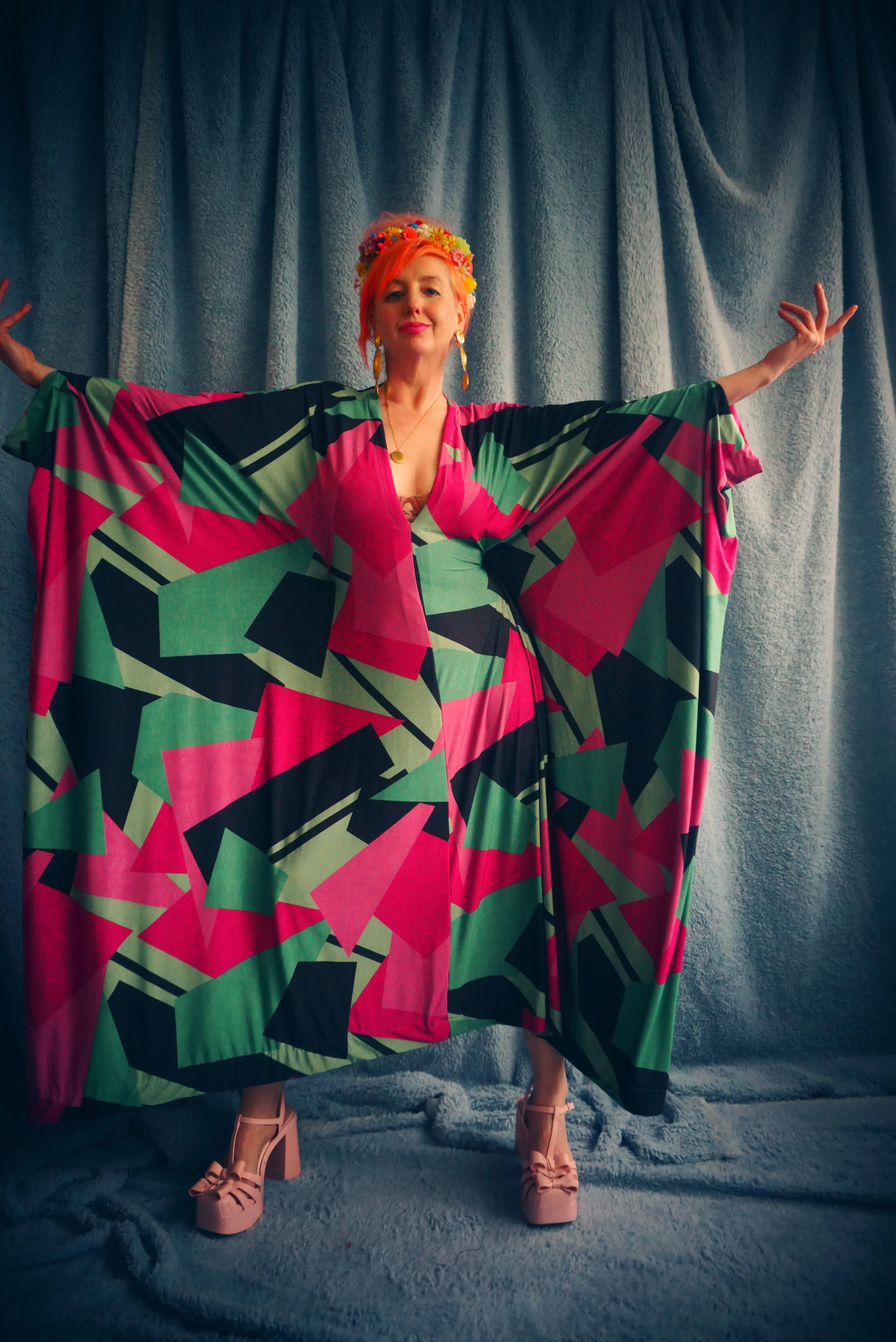 80s retro shapes print hot pink & green Slinky Kaftan Gown