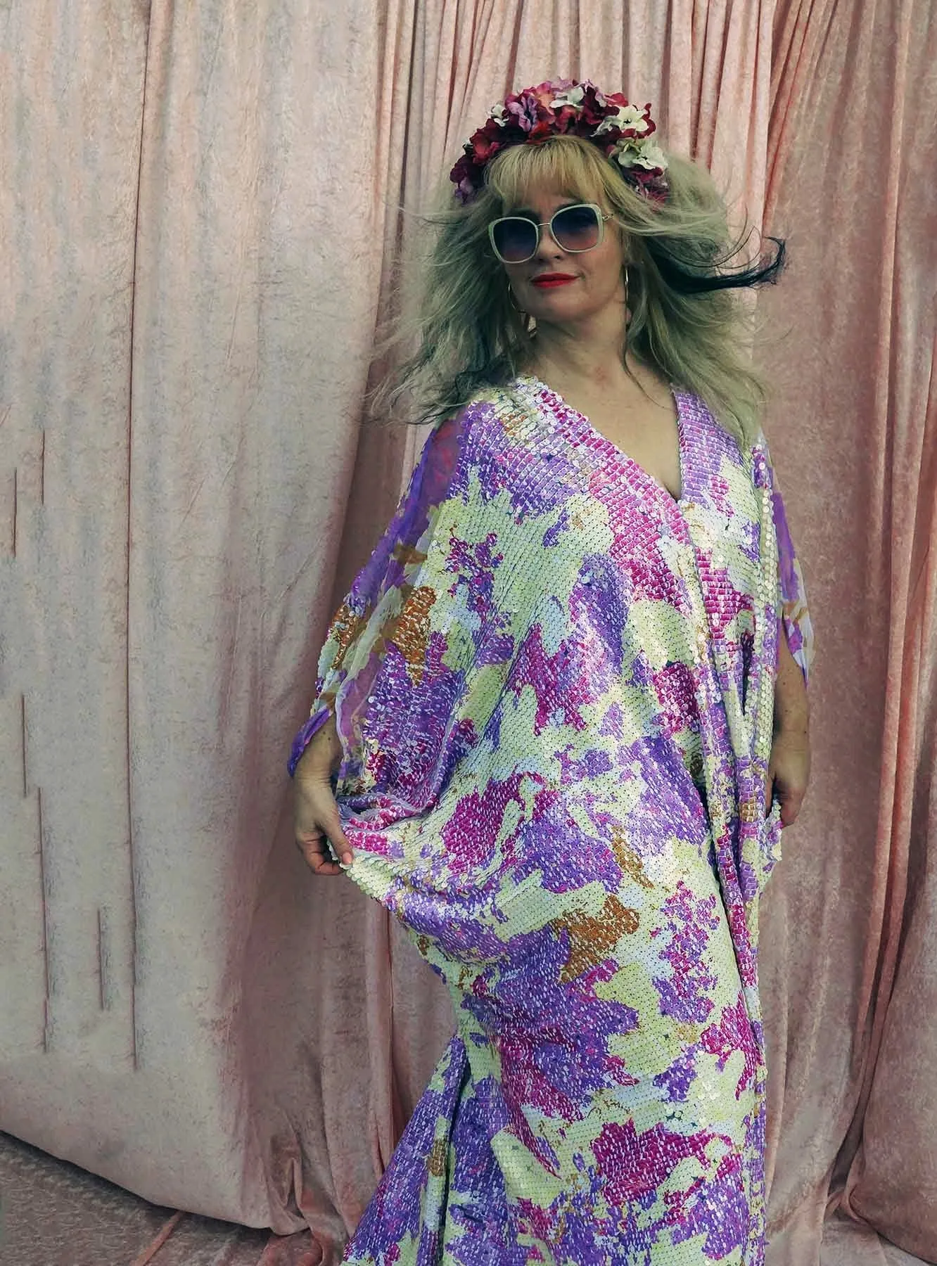Abstract Lilac and Cream Heavily Sequin V-neck Mesh Shoulder Kaftan Gown