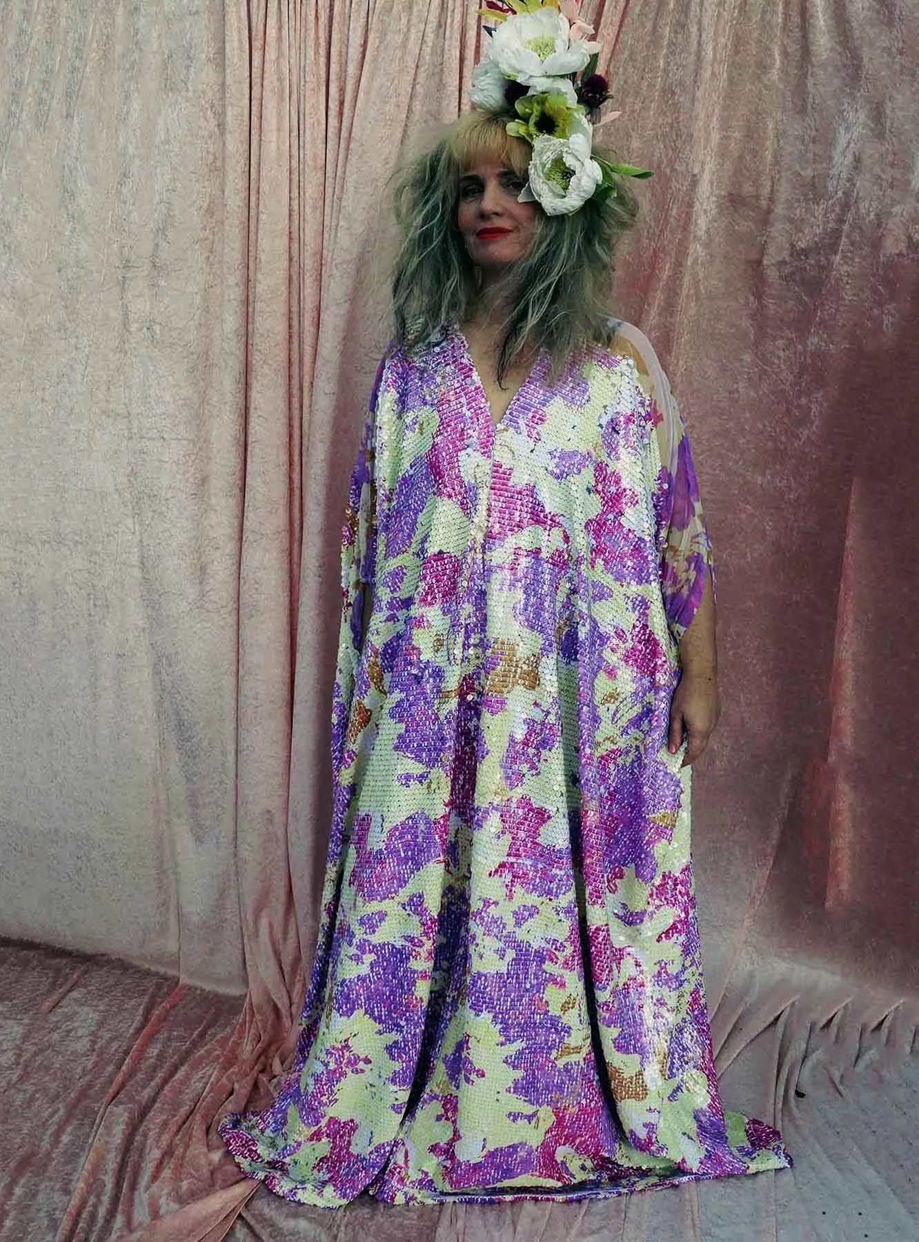 Abstract Lilac and Cream Heavily Sequin V-neck Mesh Shoulder Kaftan Gown