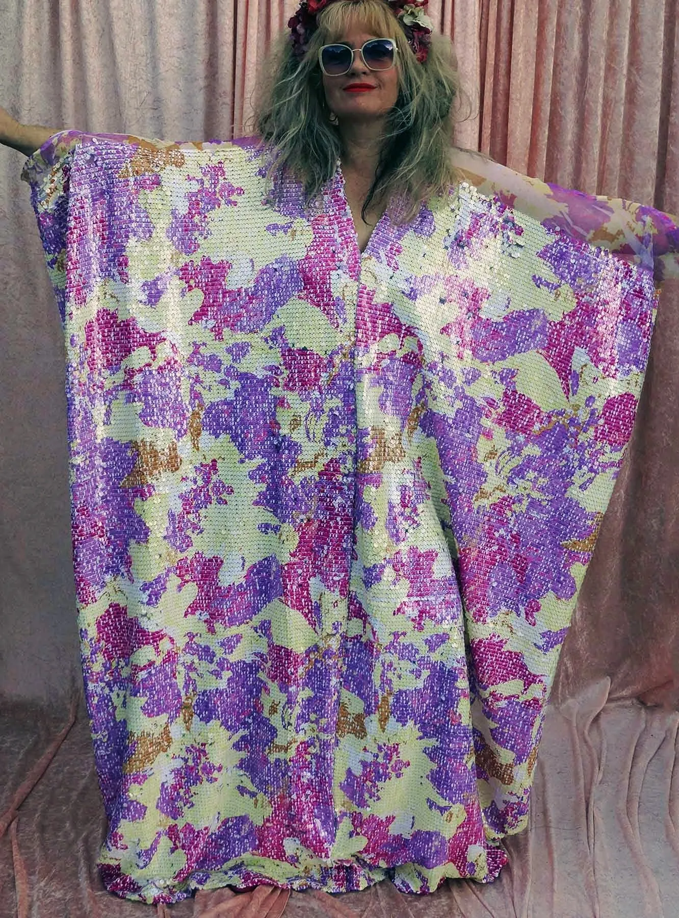 Abstract Lilac and Cream Heavily Sequin V-neck Mesh Shoulder Kaftan Gown