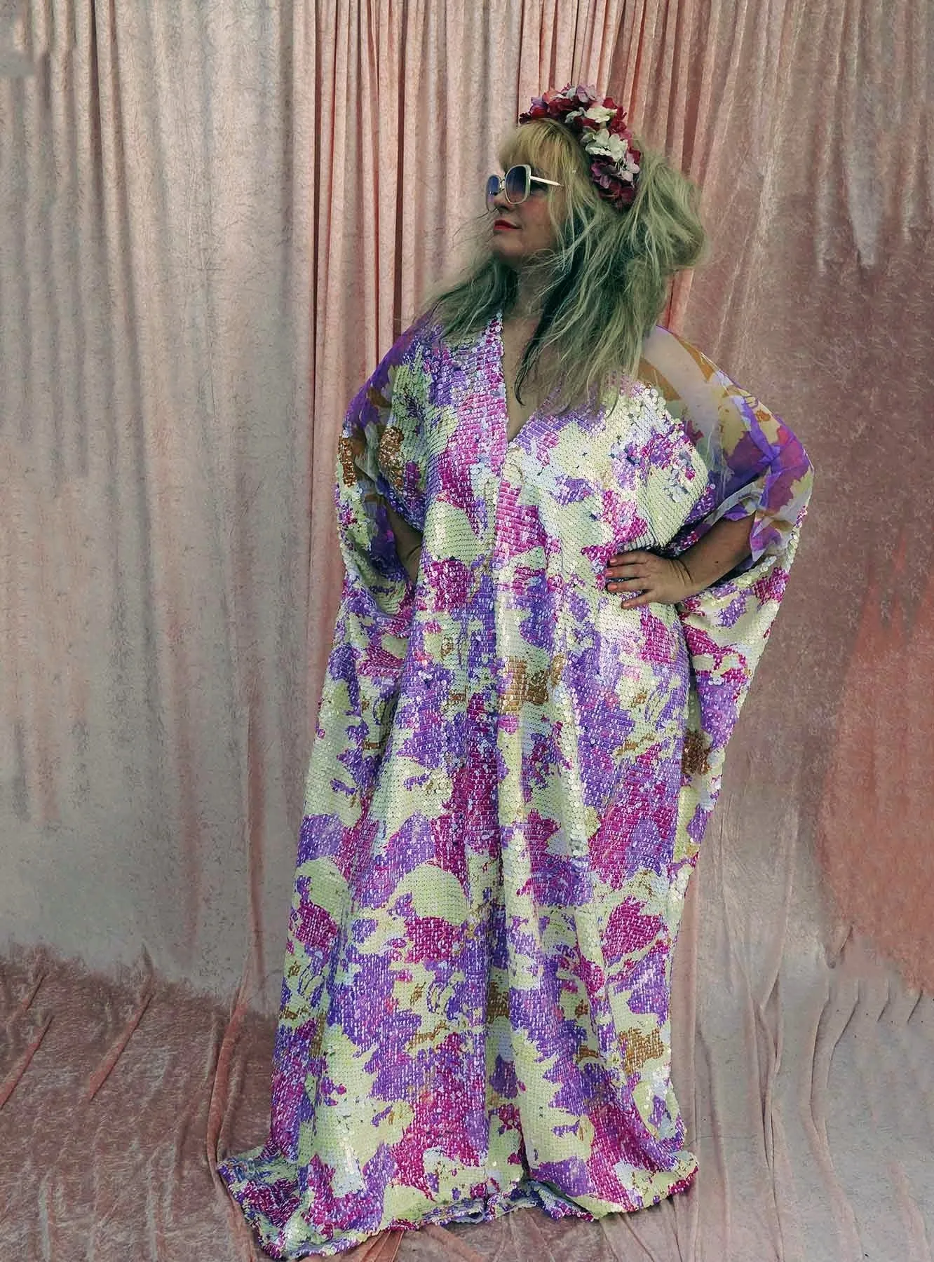 Abstract Lilac and Cream Heavily Sequin V-neck Mesh Shoulder Kaftan Gown