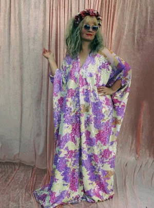Abstract Lilac and Cream Heavily Sequin V-neck Mesh Shoulder Kaftan Gown