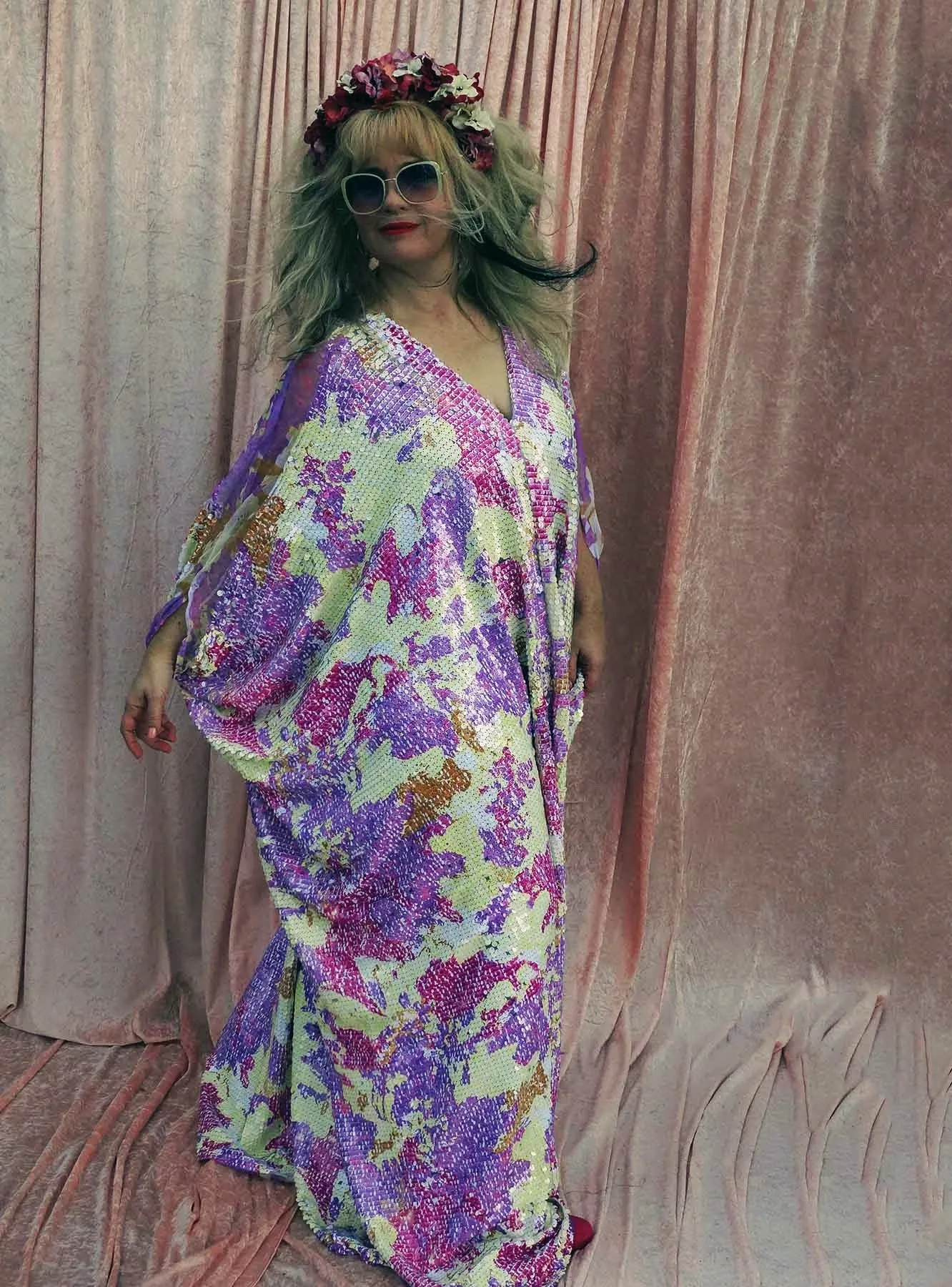 Abstract Lilac and Cream Heavily Sequin V-neck Mesh Shoulder Kaftan Gown