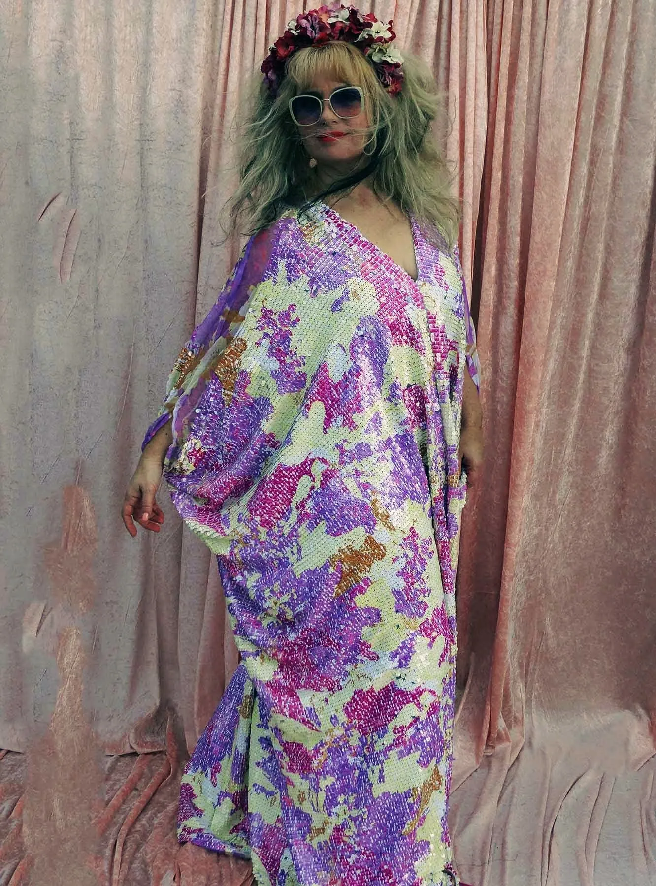 Abstract Lilac and Cream Heavily Sequin V-neck Mesh Shoulder Kaftan Gown