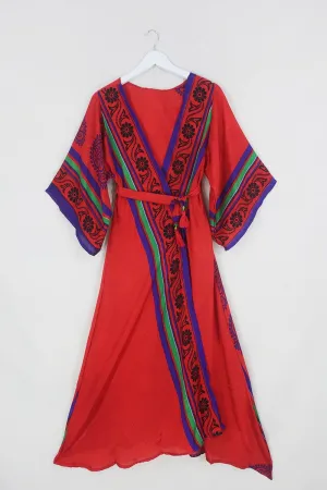 Aquaria Robe Dress - Crimson Red with Lime Stripe Floral - Vintage Sari - Free Size XS