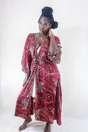 Aquaria Robe Dress - Vintage Sari - Ruby & Moss Retro Floral - Free Size S/M