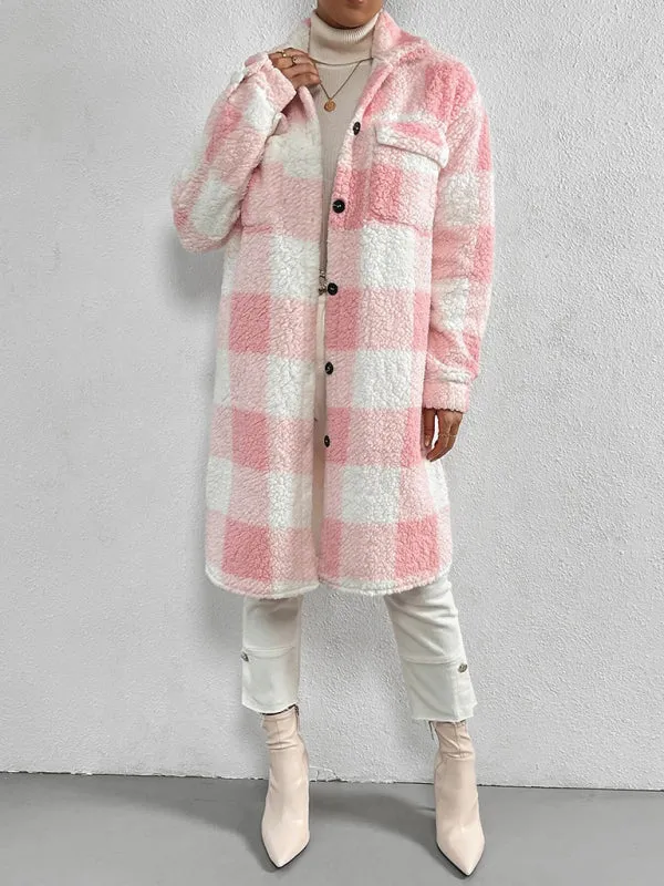 Autumn and winter open buckle lapel plush plaid coat loose commuter long coat