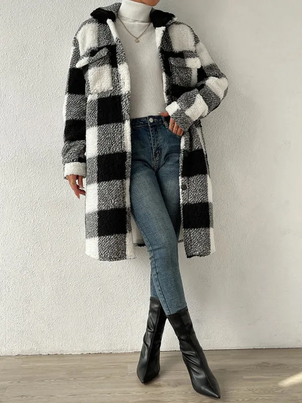 Autumn and winter open buckle lapel plush plaid coat loose commuter long coat