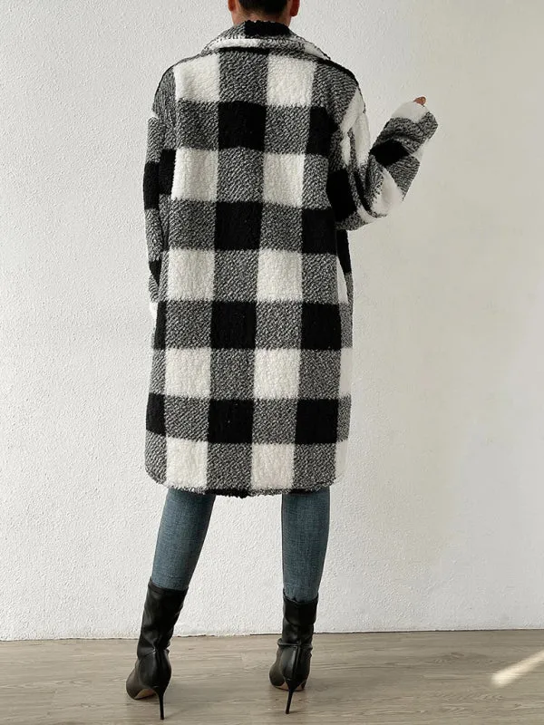 Autumn and winter open buckle lapel plush plaid coat loose commuter long coat