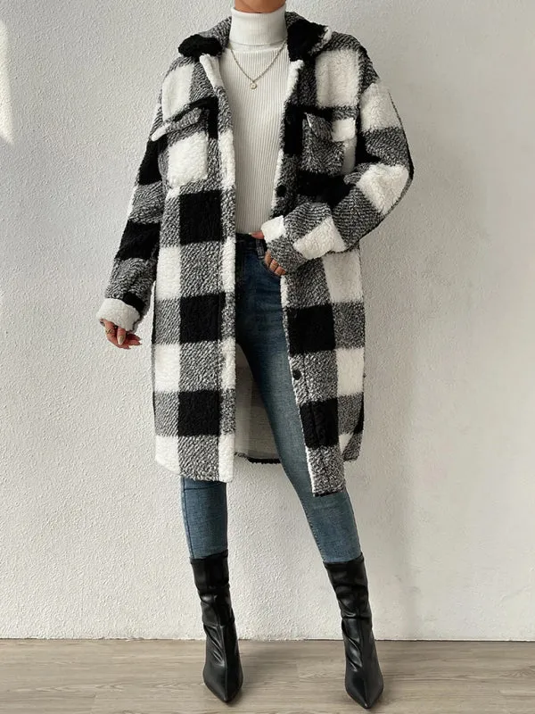 Autumn and winter open buckle lapel plush plaid coat loose commuter long coat