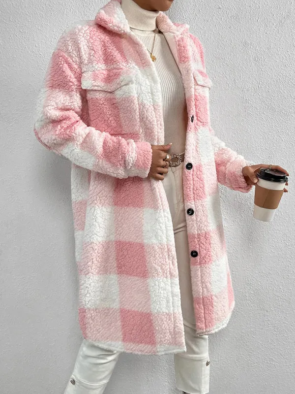 Autumn and winter open buckle lapel plush plaid coat loose commuter long coat