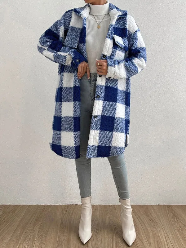 Autumn and winter open buckle lapel plush plaid coat loose commuter long coat