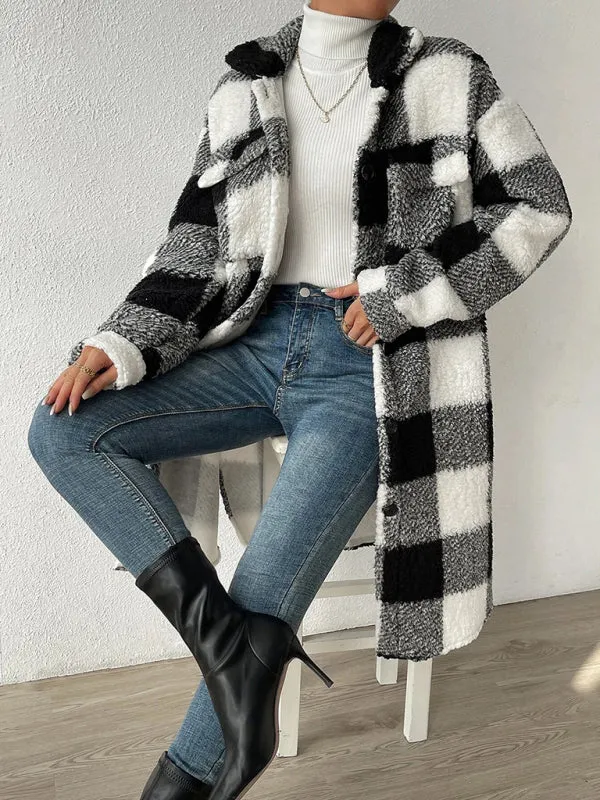 Autumn and winter open buckle lapel plush plaid coat loose commuter long coat