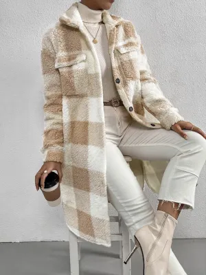 Autumn and winter open buckle lapel plush plaid coat loose commuter long coat