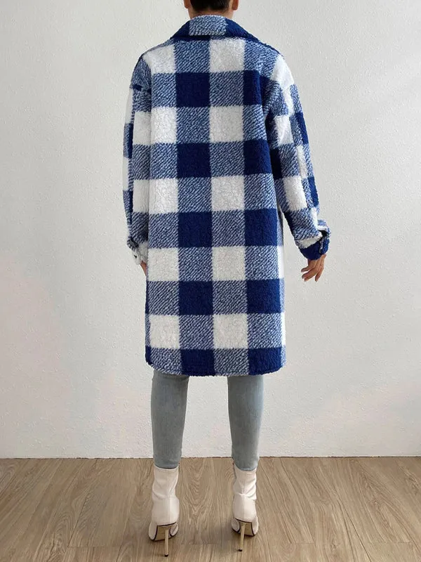 Autumn and winter open buckle lapel plush plaid coat loose commuter long coat