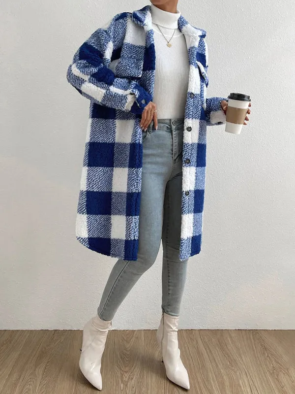 Autumn and winter open buckle lapel plush plaid coat loose commuter long coat