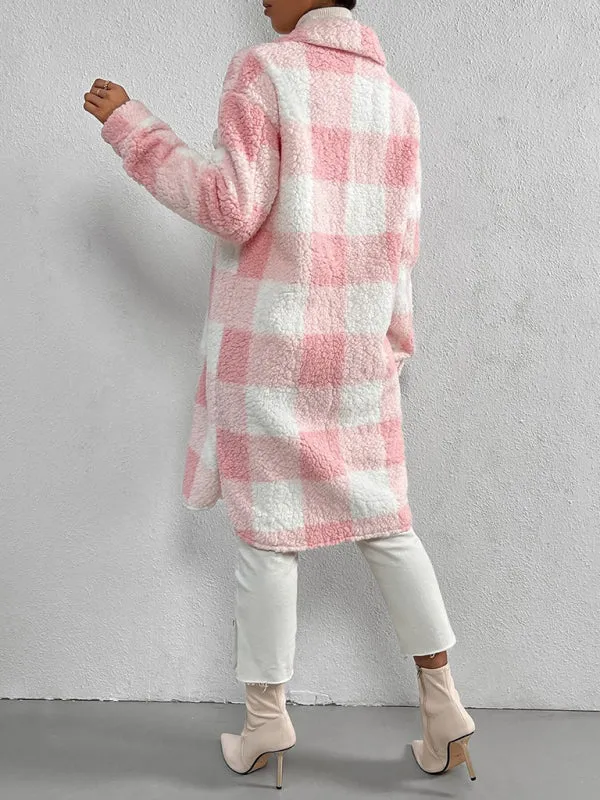 Autumn and winter open buckle lapel plush plaid coat loose commuter long coat
