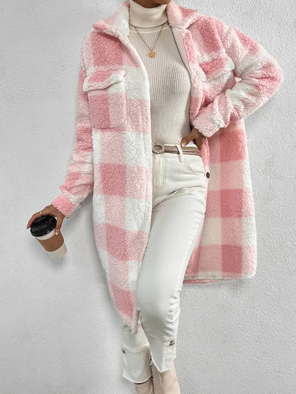 Autumn and winter open buckle lapel plush plaid coat loose commuter long coat