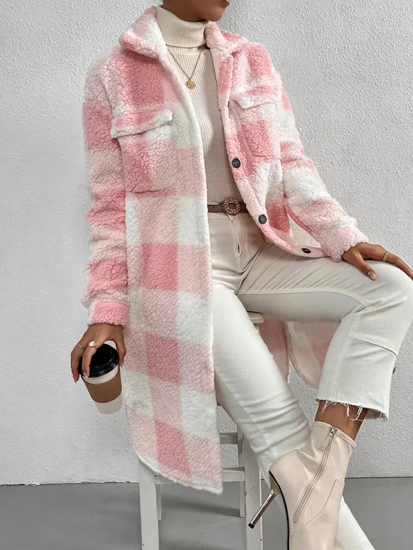 Autumn and winter open buckle lapel plush plaid coat loose commuter long coat