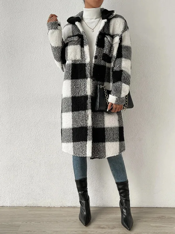 Autumn and winter open buckle lapel plush plaid coat loose commuter long coat