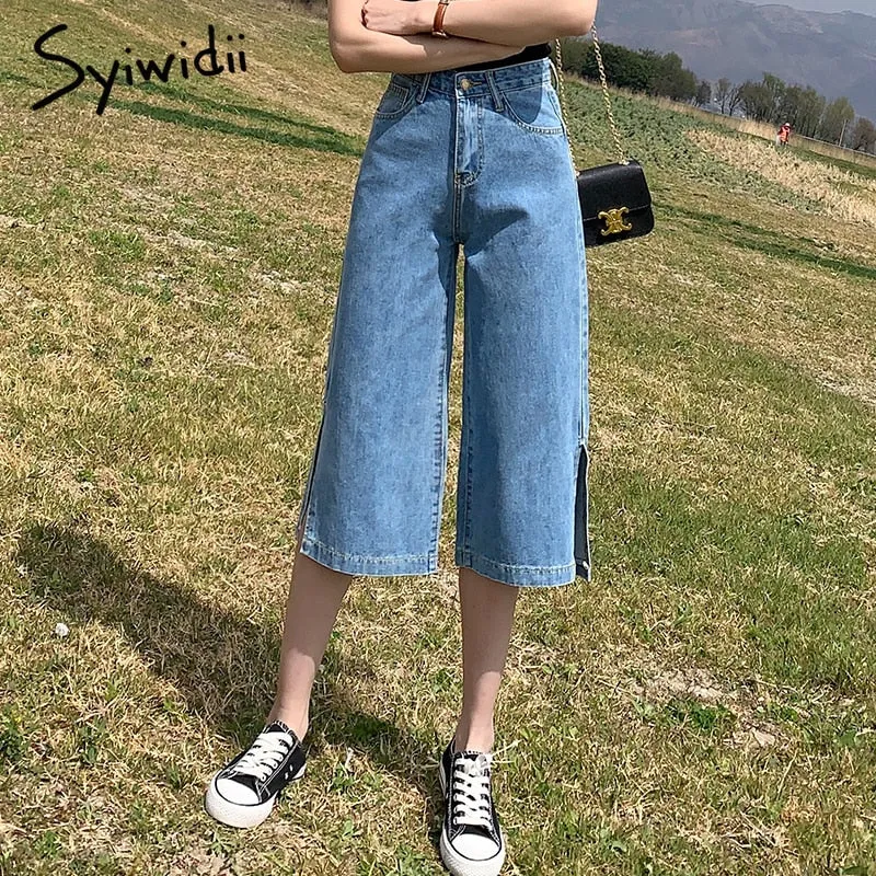 Back to College Joskaa High Waisted Jeans for Women Knee Length Straight Denim Pants Slit Joggers Fashion Clothes Vintage Streetwear Cut 2024