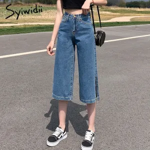 Back to College Joskaa High Waisted Jeans for Women Knee Length Straight Denim Pants Slit Joggers Fashion Clothes Vintage Streetwear Cut 2024