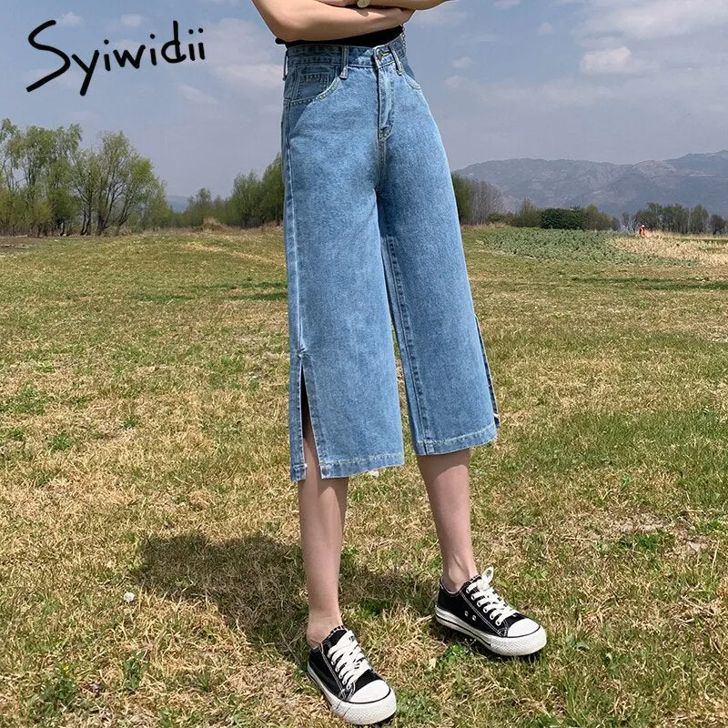 Back to College Joskaa High Waisted Jeans for Women Knee Length Straight Denim Pants Slit Joggers Fashion Clothes Vintage Streetwear Cut 2024