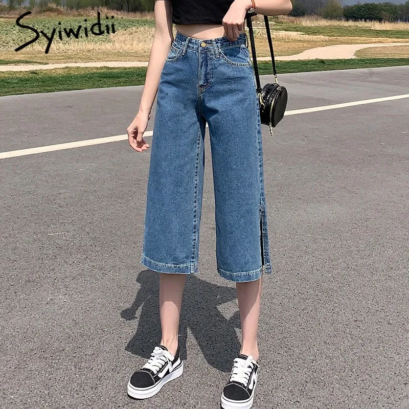 Back to College Joskaa High Waisted Jeans for Women Knee Length Straight Denim Pants Slit Joggers Fashion Clothes Vintage Streetwear Cut 2024
