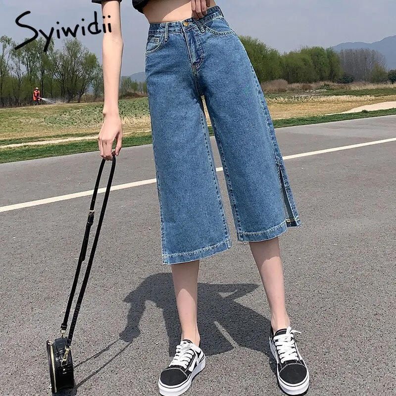 Back to College Joskaa High Waisted Jeans for Women Knee Length Straight Denim Pants Slit Joggers Fashion Clothes Vintage Streetwear Cut 2024