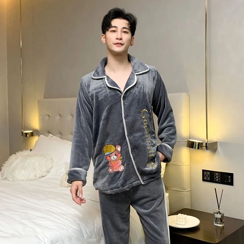 Bear Pattern Letter Embroidery Fleece Flannel Pajama PJ Set SHR2081