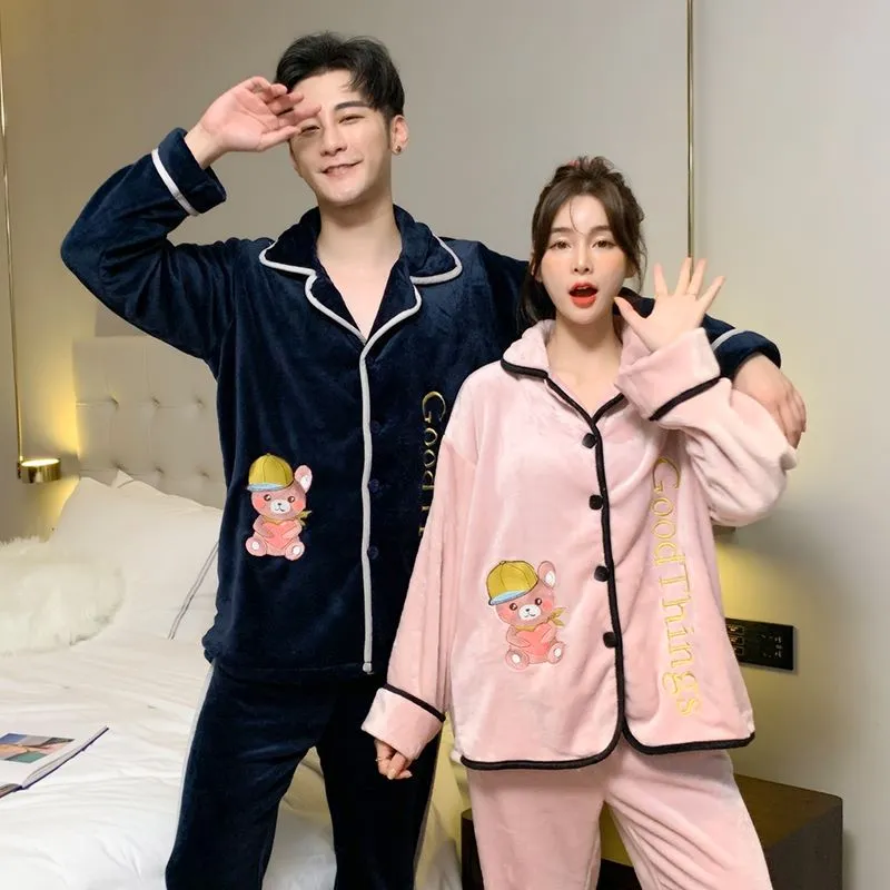 Bear Pattern Letter Embroidery Fleece Flannel Pajama PJ Set SHR2081