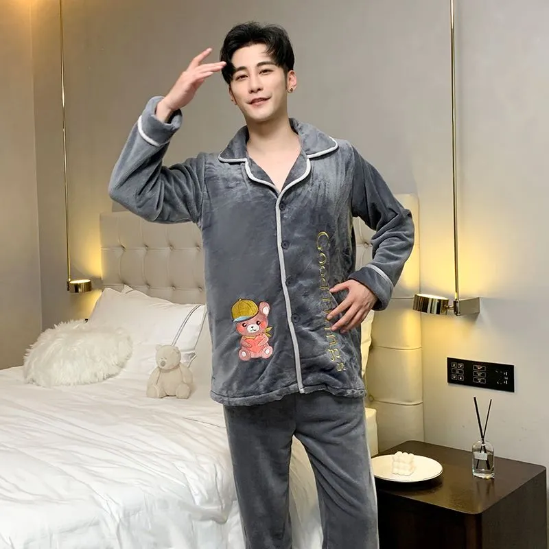 Bear Pattern Letter Embroidery Fleece Flannel Pajama PJ Set SHR2081