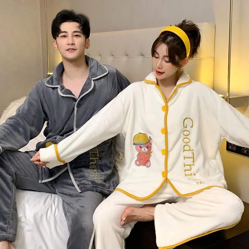 Bear Pattern Letter Embroidery Fleece Flannel Pajama PJ Set SHR2081