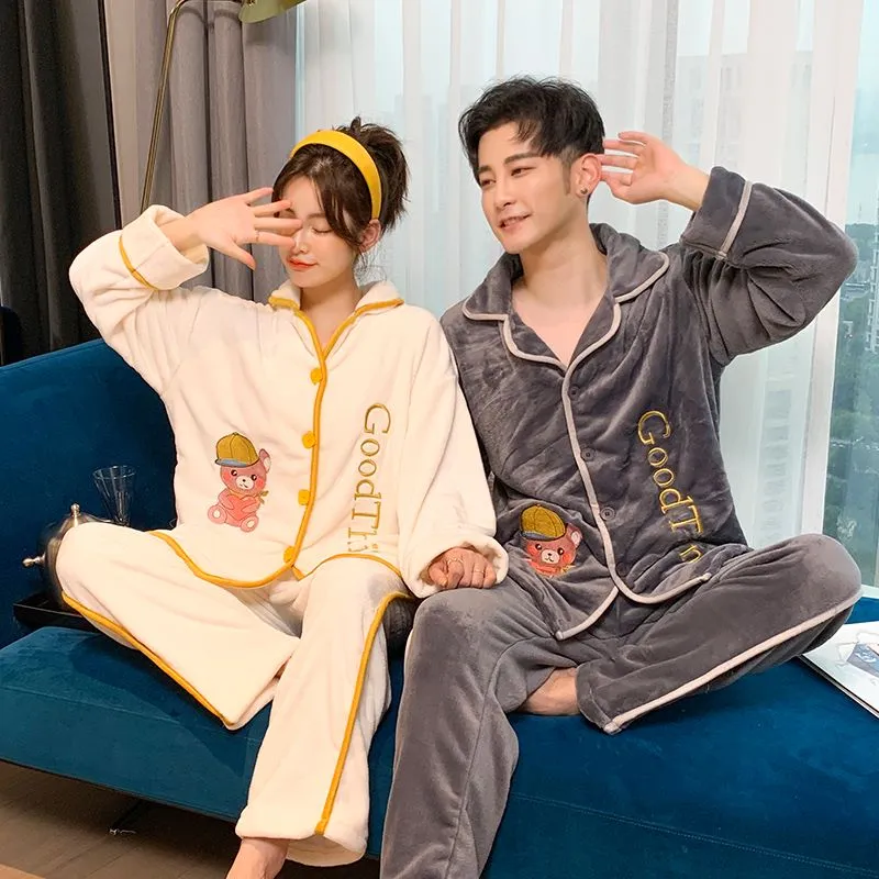 Bear Pattern Letter Embroidery Fleece Flannel Pajama PJ Set SHR2081
