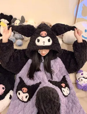 Black & Purple Devil Cartoon Thick Winter Pajamas Hooded Bathrobe & Pants