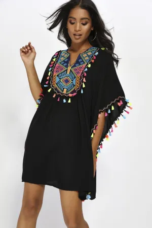 Black Aztec Embroidery Tassel Kaftan