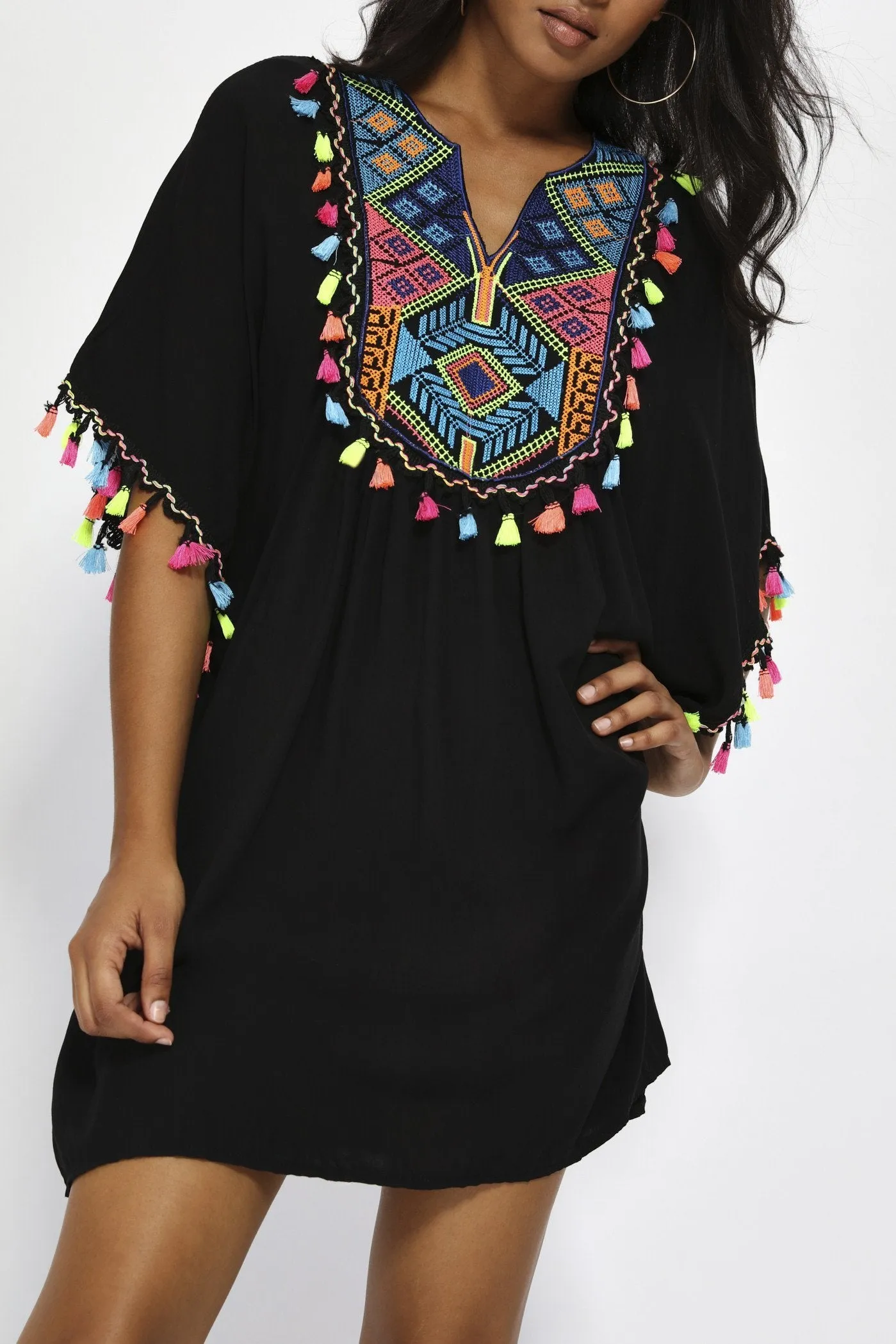 Black Aztec Embroidery Tassel Kaftan