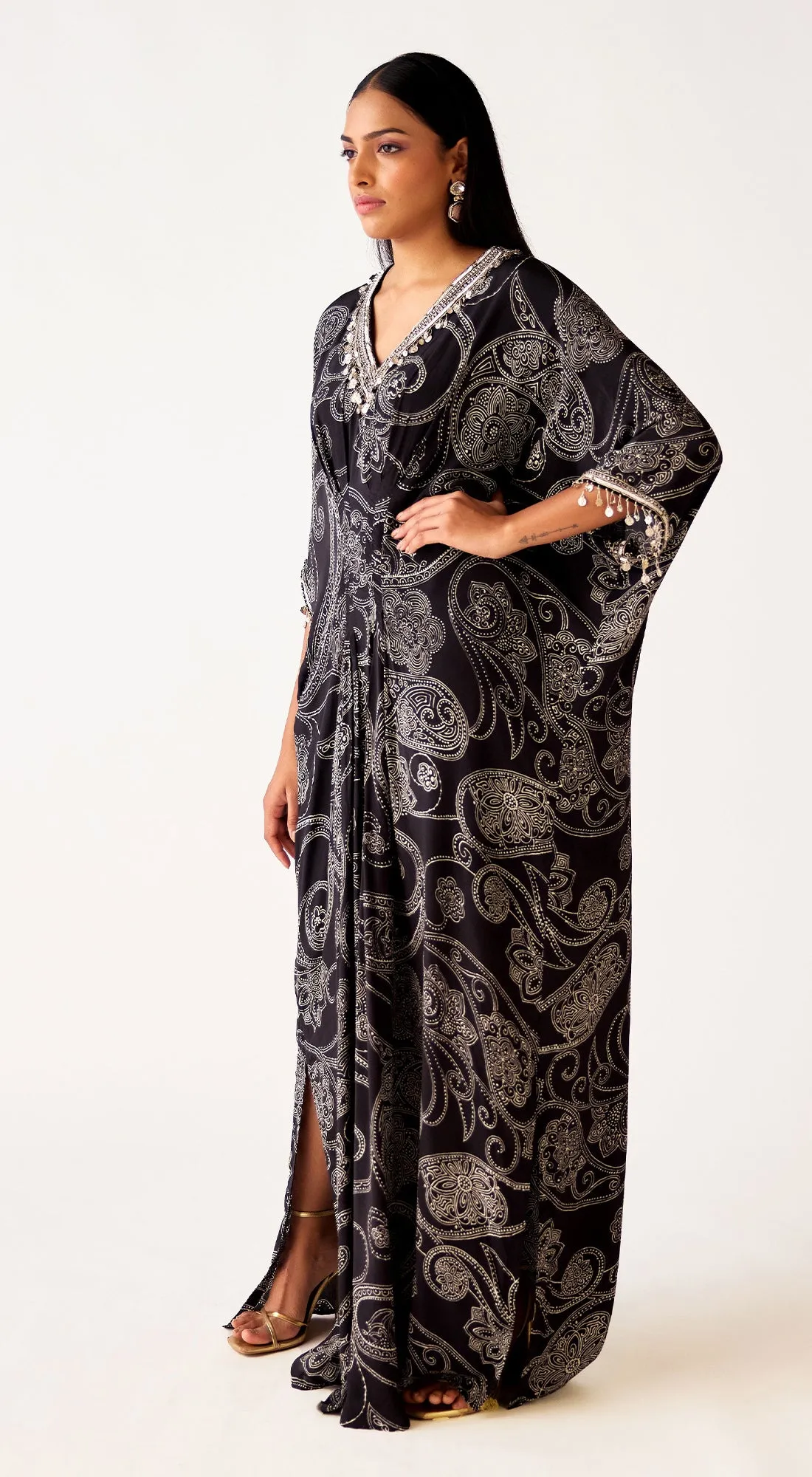 Black Printed Crepe Embroidered Dress